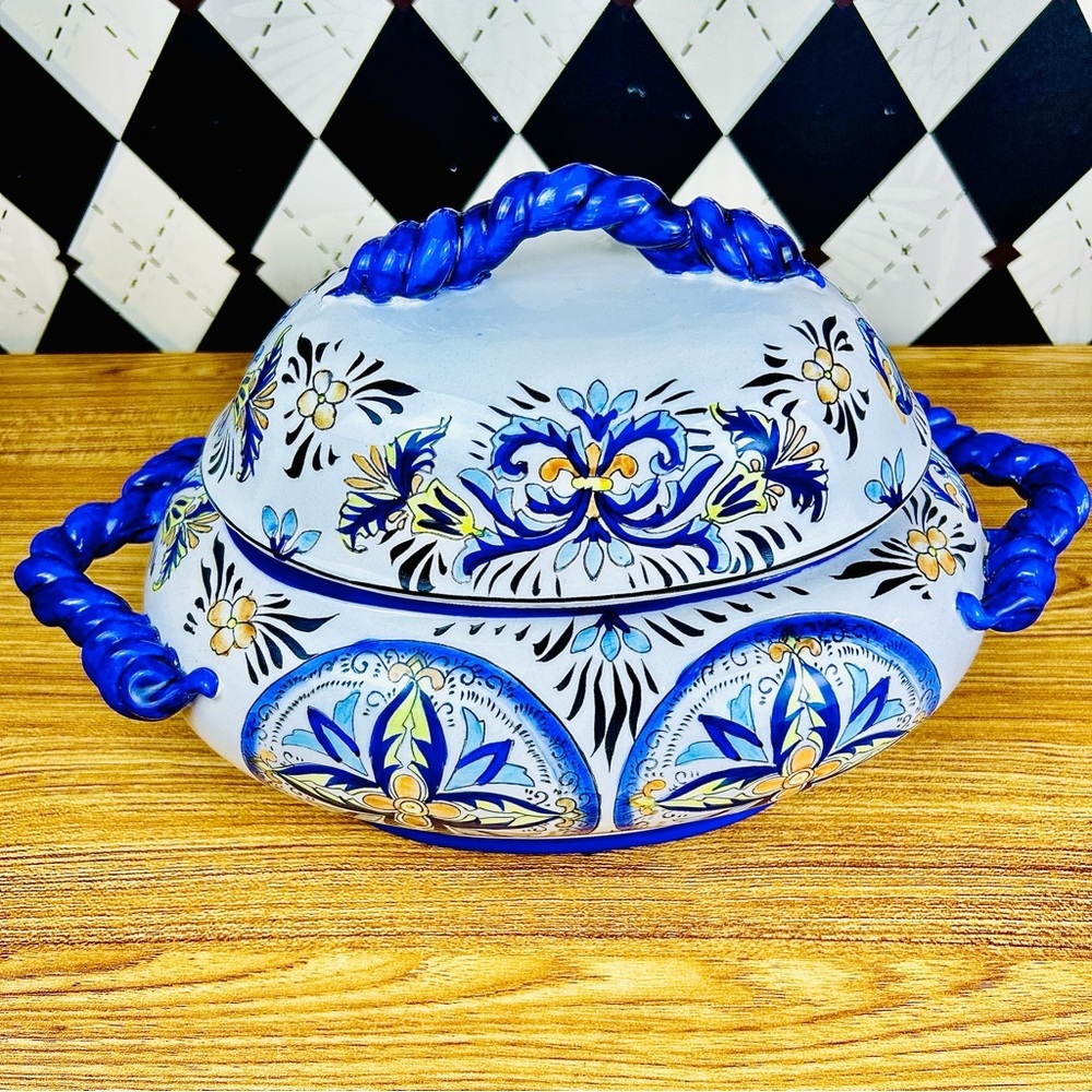 Italian Tureen Ceramic Large HandPainted Mediterranean Cobalt Blue Lidded Server - Picture 7 of 11